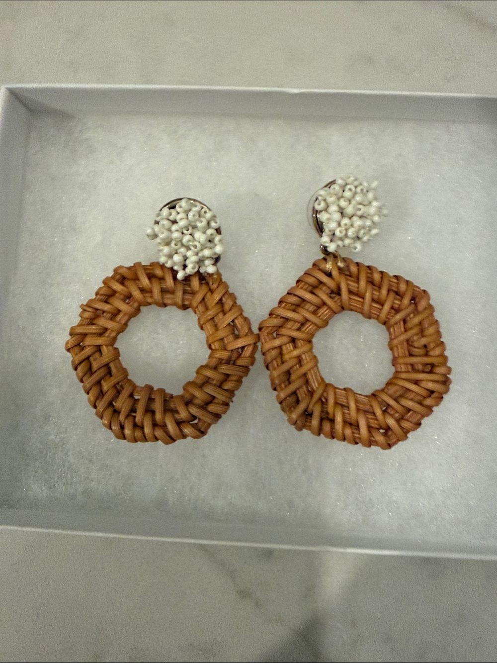 Handcrafted Brown Woven Hoop Earrings with Ivory Bead Stud